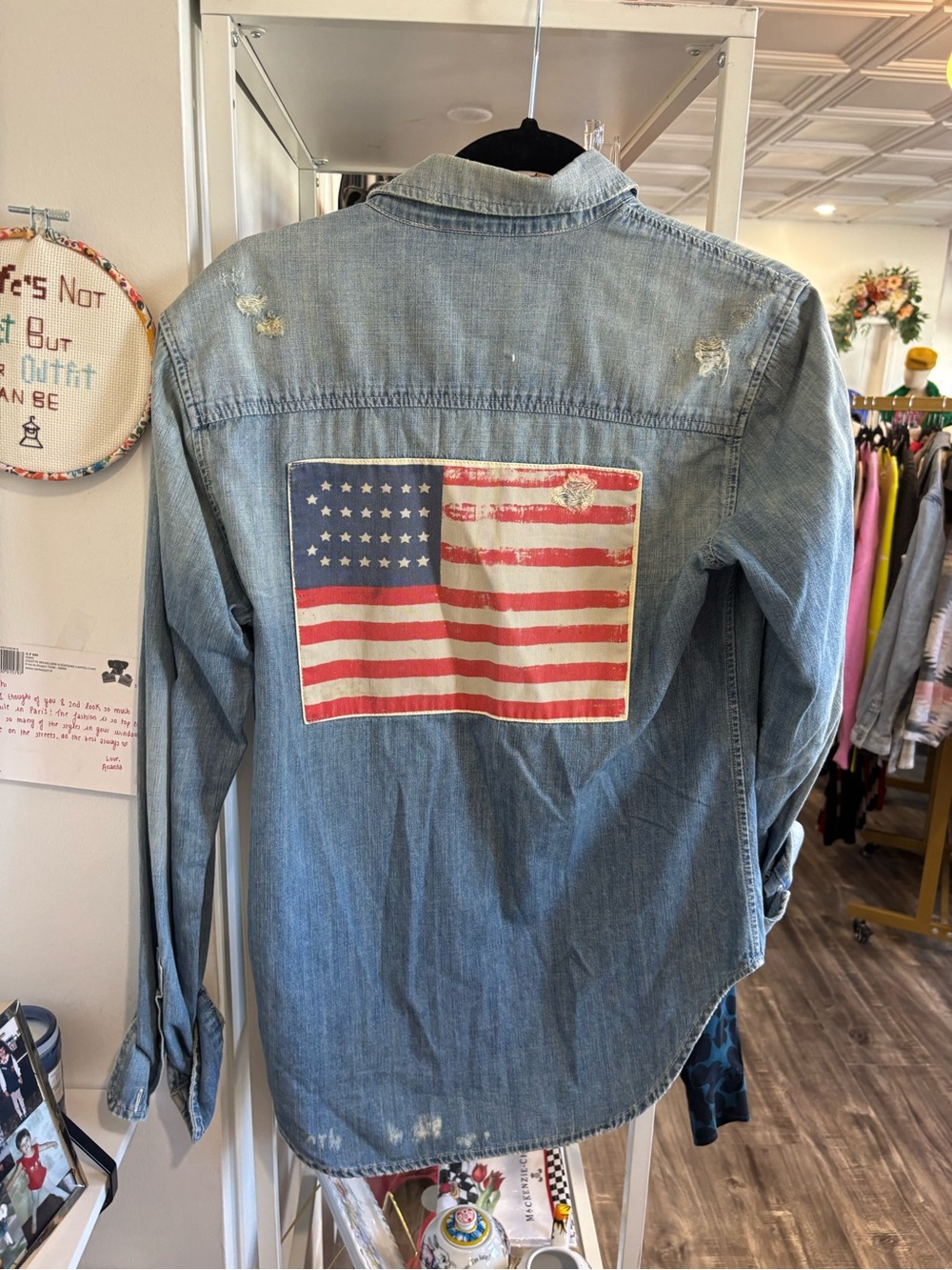 MOTHER Light Blue Denim chambray Button-Down Shirt with American Flag Patch